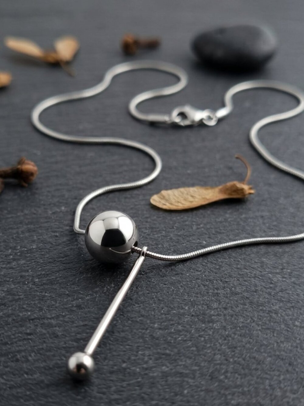Ball and Bar Drop Y Lariat Necklace Snake Chain Stainless Steel Minimalist 18"
